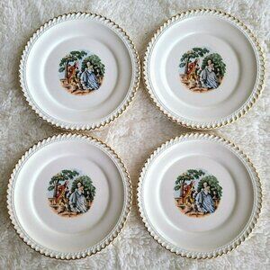 The Harker Pottery Company 4 Dessert Plates "Courting Couple" 22Kt Gold Trim